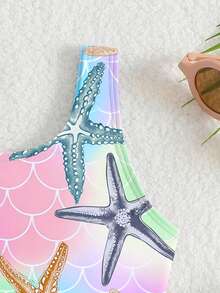 女童海星鱼鳞印花宽肩带露背连体泳衣，圆领设计，时尚休闲，优雅大方，适合游泳、夏季度假和海滩穿着。 - 彩色 - 查看 4