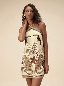 Travachic 女士热带印花露背度假连衣裙 - 卡其色 - 查看 5