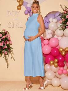 Loomaby Maternity Solid Color Stand Collar Fitted Elegant Sleeveless Dress - Blue - View 7
