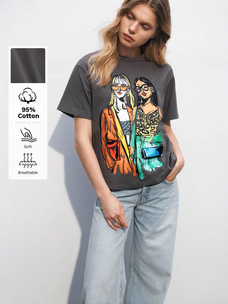 SHEIN Maija 2026年春夏 レディース フィギュアグラフィック ラウンドネック カートゥーン プリントサマーTシャツ、セントパトリックデー イースター パーティートップ ホリデー ビーチバケーション 夏 外出 卒業