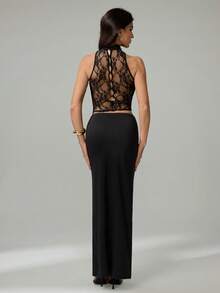 SHEIN Tall Women's Elegant Black Summer Lace High-Neck See-Through Back Vest & Knit Fishtail Skirt Set,Suitable For Dining,Parties,Weddings,Evening Outings, Tall Women - Black - View 3