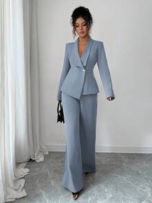 Elenzga 女士套装，西装面料，翻领，长袖，收腰A字不对称下摆，金属纽扣装饰，精致优雅，适合办公室、通勤、街头风、法式浪漫、休闲、中东复古、下午茶、派对、感恩节、返校季以及春秋冬季穿着。 - 霧霾藍 - 查看 5