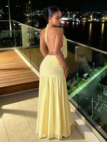 Slaydiva New Early Spring, Spring And Summer Music Festival, Valentine's Day, Easter, Bohemian Style, Nomadic Style, Casual, Simple And Basic, Cruise Party, Birthday Party, Daily Date, Casual Vacation, Elegant Commuting, Round Neck, Halter, Tie, Large Backless, Pleated Design, A Skirt, Light Yellow Dress, Slim Dress, Long Dress, Net Fabric, Long Dress For Women -B - Light Yellow - View 10