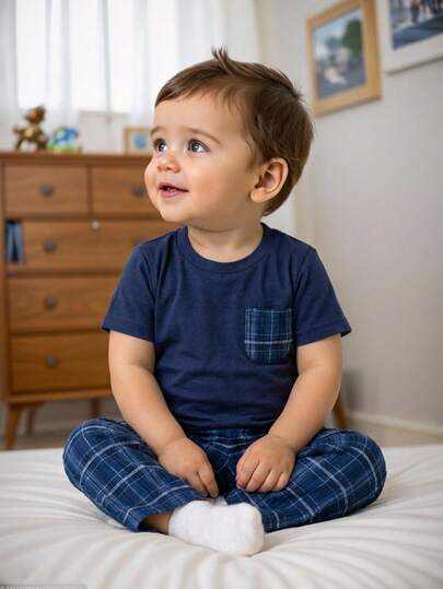 SHEIN Dozemod Kids Baby Boy Plaid Pocket Tee & Plaid Shorts 2pcs Set, Casual & Comfortable