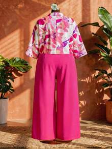 SHEIN CURVE+ Bộ áo sơ mi và quần dáng rộng phối màu tương phản, cỡ lớn, phong cách thường ngày. - Nhiều màu - Xem 3