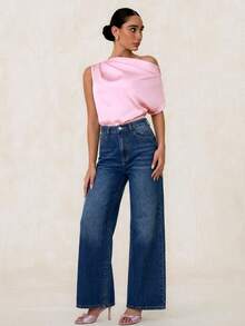 Glamine SHEIN Glamour 女士休闲水洗高腰直筒牛仔裤 - 藍色 - 查看 3