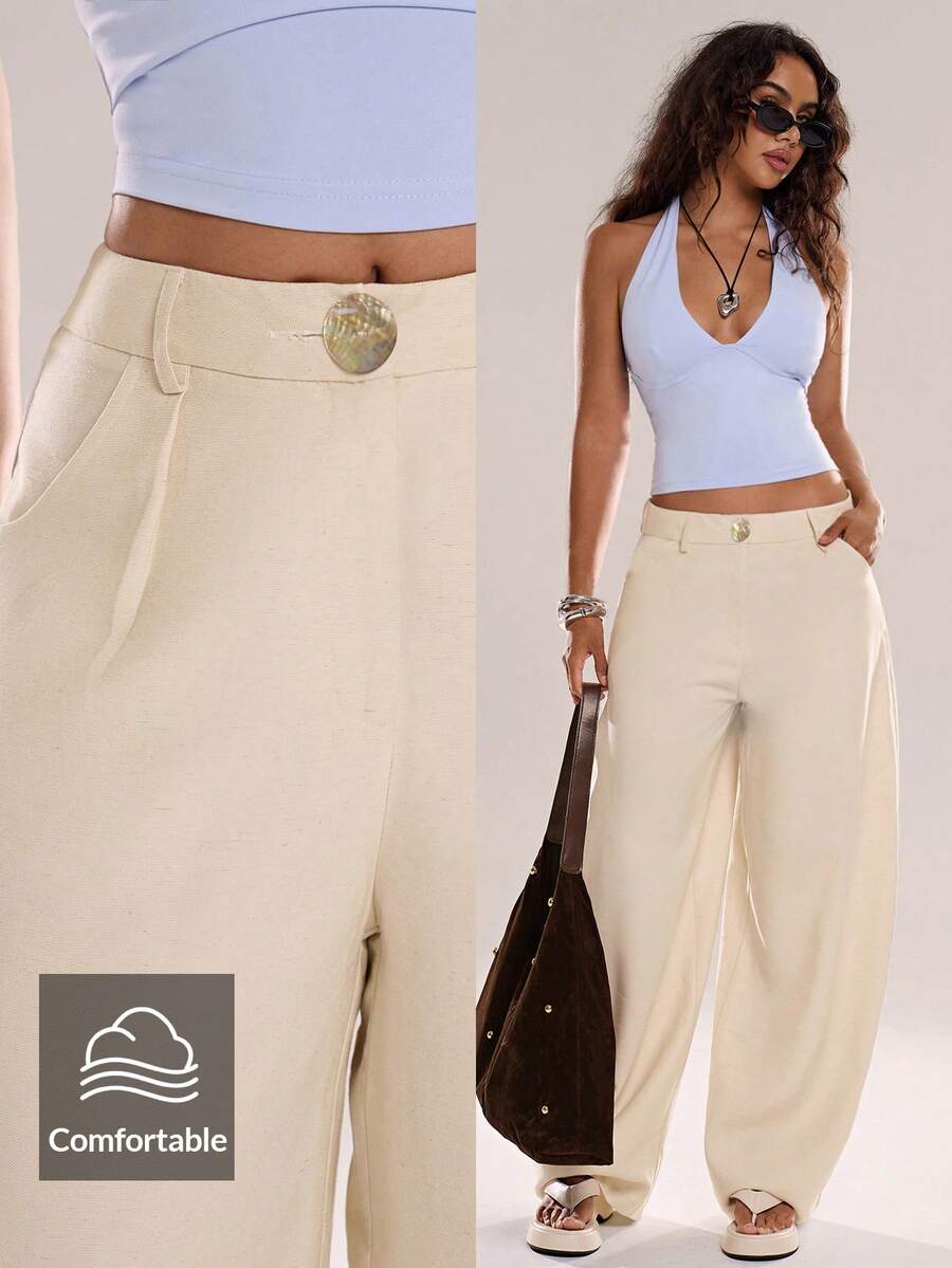 Avantive 女士口袋纽扣休闲百搭日常阔腿裤 - 杏色 - 查看 1