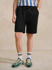 Men Drawstring Waist Slant Pocket Tennis Sports Shorts, Solid Black, Summer, Basic - Black - View 6
