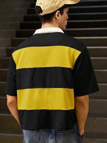 SWAVVY 男士休閒寬鬆短袖 Polo 衫，對比領拼接復古上衣 - 黃色 - 查看 3