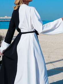 SHEIN Swim Women's Colorblock Long Sleeve Casual Kimono Cover Up - Black and White - View 10