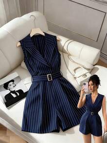 GlowEve Bộ jumpsuit nữ thời trang xuân/hè mới, kẻ sọc, dệt kim, cổ ve áo, không tay, thắt lưng kim loại, thanh lịch, thích hợp đi làm và mặc hàng ngày. - Màu xanh hải quân - Xem 3