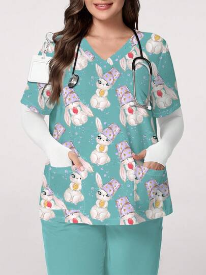 PopScrub Cute Rabbit Wearing Bucket Egg Print V-Neck Short Sleeve Pocket Scrub Top With Ear Hole Design, Plus Size Uniform Shirt For Spring/Summer, Suitable For Easter & Daily Wear
