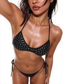 Oceva 女士泳衣套装，金色波点棕色性感比基尼，休闲沙滩度假款 - 銀色 - 查看 4