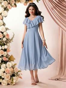 Pitira Đầm chiffon màu xanh dương trơn, thanh lịch, tối giản, cổ chữ V, không tay, xếp ly, eo cao, dài ngang gối, thích hợp cho bé gái dự lễ tốt nghiệp/đám cưới, hoặc đi nghỉ hè. - Màu xanh lam - Xem 5