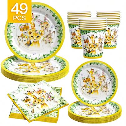 Cute Beast Garland Disposable Plates, Napkins And Cups Set, Serves 8 Guests. This Disposable Party Supplies Set (Including Plates, Napkins And Cups) Is Perfect For Birthday Parties, Weddings And Family Picnics.