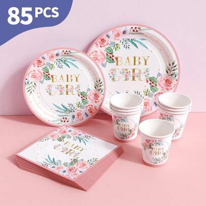 Rose Gold Edge Baby Disposable Plates, Napkins And Cups Set, Serves 20 Guests. This Disposable Party Supplies Set (Including Plates, Napkins And Cups) Is Perfect For Birthday Parties, Weddings And Family Picnics.