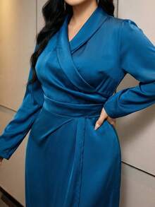 Modelyn Plus Size Solid Color Wrap Ruched Elegant Long Sleeve Dress - Blue - View 1
