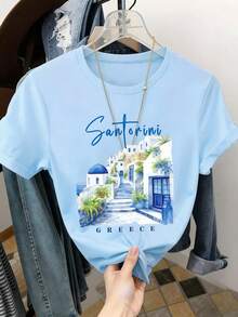 Resyla 女士休闲度假小镇印花短袖T恤 - 淺藍色 - 查看 1