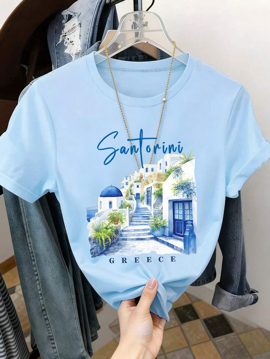 Resyla 女士休闲度假小镇印花短袖T恤 - 淺藍色 - 查看 1