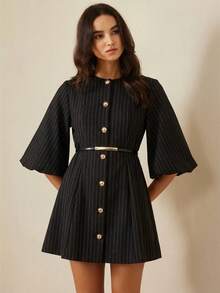 Vestido de punto de espiguilla de manga farol elegante, diseño de moda, calidad de alta gama - Negro 2 - Ver 5