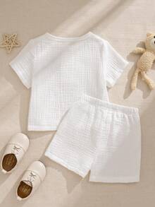 Souflis Souflis 2pcs/Set Cute Bear Pattern Short Sleeve Top And Pants Set, Casual French Style Baby Boy Outfit Baby Boy Short Set - White - View 3