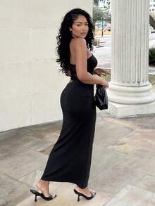 Alexandranx 黑色性感吊带网纱褶皱拼接镂空腰部连衣裙，适合约会和聚会 - 黑色 - 查看 4