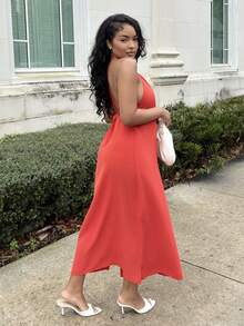 Alexandranx 露背系带设计，侧开衩及小腿的修身长裙，适合派对穿着 - 亮橙色 - 查看 6