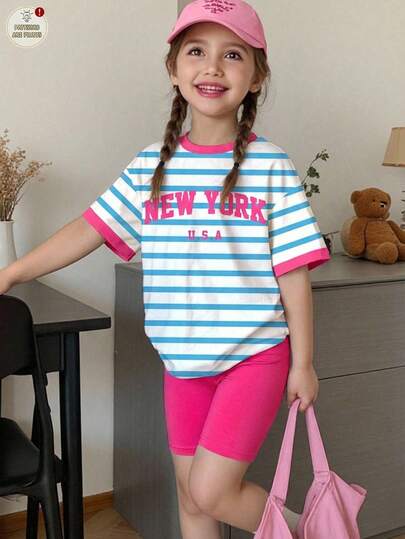 女婴休闲简约蓝条纹“纽约”印花粉色撞色短袖上衣和短裤两件套，适合夏季穿着