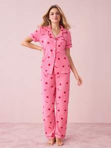 Bonmuse Conjunto de pijama rosa para mujer con top de manga corta con cuello de bolsillo y estampado de corazones & letras & pantalones, para el Día de San Valentín en verano - Rosa Fucsia - Ver 5