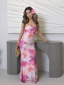Jemour Women's Floral Print Bodycon Dress With Halter Neck And Fishtail Hem, Suitable For Vacation Party - Pink - View 6