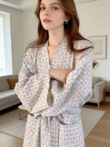 Women's Plaid Long Sleeve Nightgown Robe With Heart Print, Elegant Loose Fit Loungewear Sleepshirt, Soft Comfy Casual House Dress For Spring Autumn, Cute Back To School Pajamas Midi Length - Multicolor - View 2