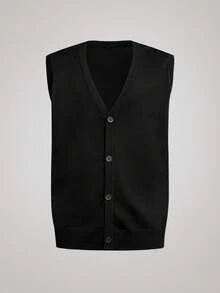Officeau Men's Solid Color Single-Breasted V-Neck Knit Sweater Vest, For Fall Winter - Black - View 1