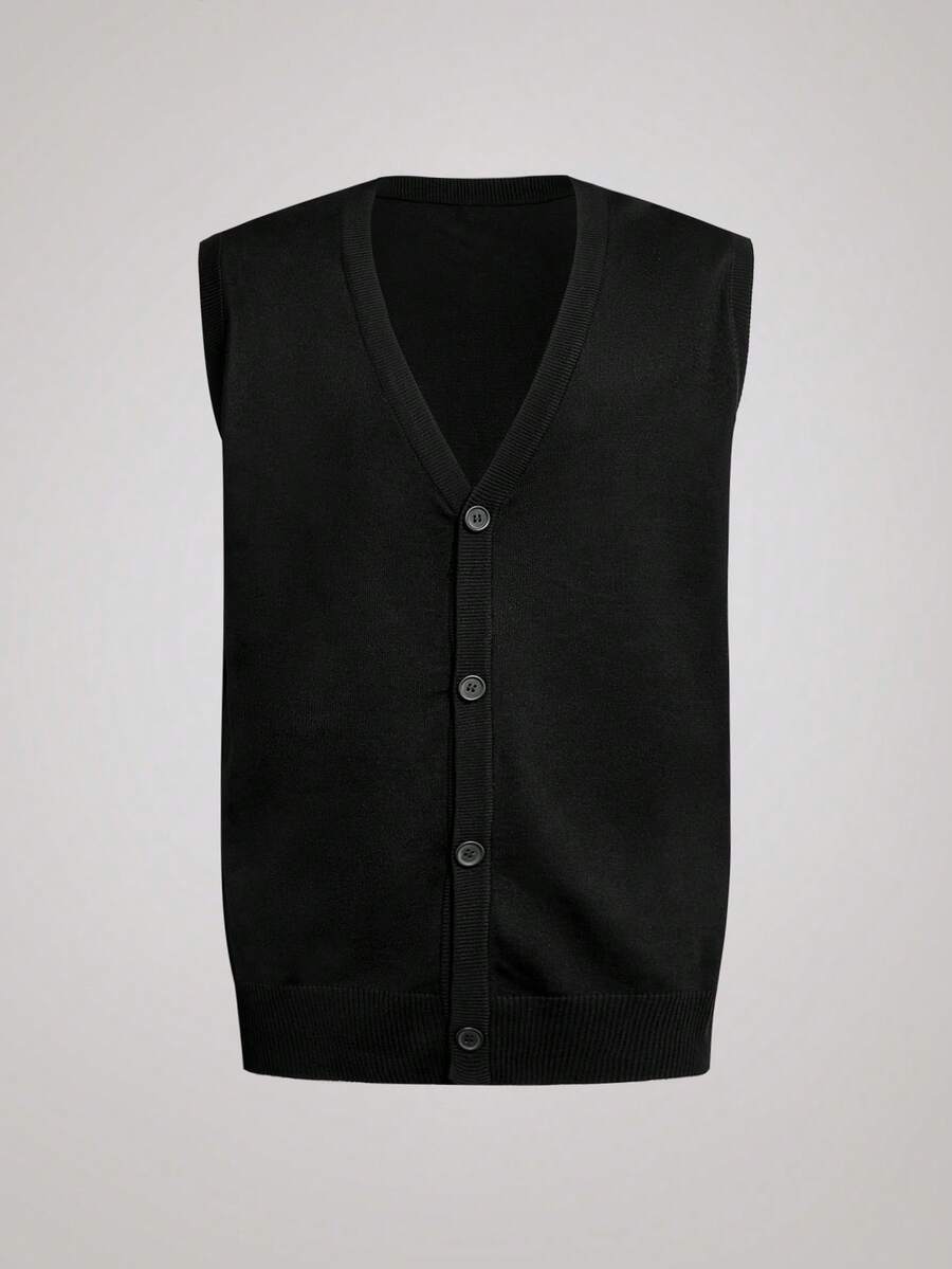 Officeau Men's Solid Color Single-Breasted V-Neck Knit Sweater Vest, For Fall Winter - Black - View 1