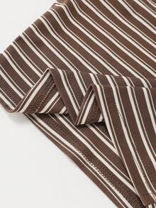 Resyla Women's Striped Round Neck Short Sleeve Cropped Top, Fitted Design, Spring/Summer - Brown - View 6