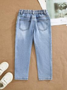 Quần jeans ống côn rách màu xanh nhạt đính đá, phong cách tối giản, thời trang thường ngày cho bé gái (size nhỏ). - Màu xanh lam - Xem 2