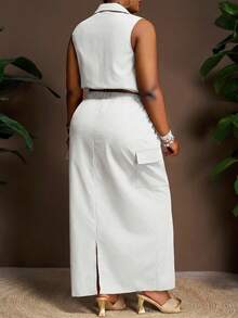 Slaydiva Plus Size Women 2-Piece White Summer Silky Smart Casual Holiday Set,Elegant Sleeveless Shirt Collar Utility Pocket Cropped Top & Long Skirt Outfits - White - View 2