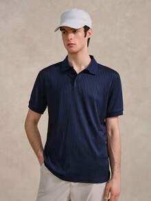 男士纯色罗纹针织 Polo 衫，复古风格，适合网球、高尔夫等运动，带口袋，透气，常规版型，父亲节礼物 - 藏蓝色 - 查看 3