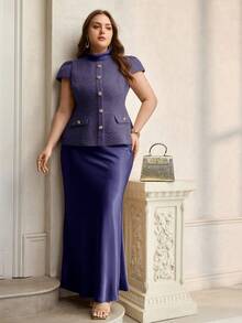 ZEYLAH Set de 2 piezas: Top elegante de patchwork de tweed y falda de sirena de satén - Azul Marino - Ver 6