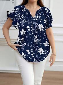 Reflora 休闲宽松圆领短袖大码衬衫，适合秋冬季穿着 - 藏蓝色 - 查看 3