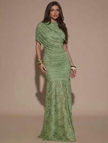 SHEIN BAE Đầm chữ A xếp ly cổ cao thanh lịch, đầm màu xanh lá cây, đầm duyên dáng, đầm đi nghỉ mát, đầm phù dâu, đầm dự tiệc sinh nhật, đầm đi học/tốt nghiệp, đầm xuân/hè. - màu xanh lá - Xem 5