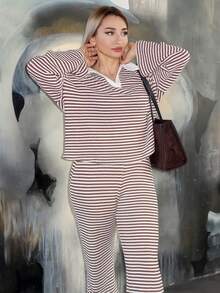 salliqueen 女士两件套宽松条纹V领落肩长袖T恤和松紧腰条纹裤，冬季毛衣套装，秋冬季 - 棕色 - 查看 4