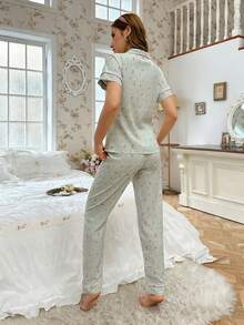 CottageSlumber Women's Ditsy Floral Short Sleeve Button-Up Top And Pants Pajama Set - Green - View 2