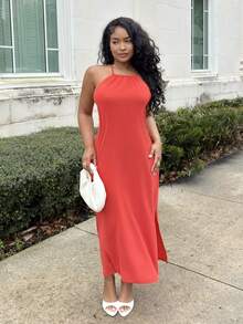 Alexandranx 露背系带设计，侧开衩及小腿的修身长裙，适合派对穿着 - 亮橙色 - 查看 4