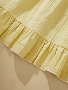 SHEIN 1 pieza Vestido de tirantes finos de verano para niñas con lazo, color amarillo, dobladillo con volantes, vestido casual y lindo para vacaciones y escuela - Amarillo - Ver 4