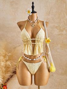 Shapewave 2026 Spring/Summer Beach Vacation Yellow Textured Fabric Halter Tankini Swimsuit Set - Yellow - View 1