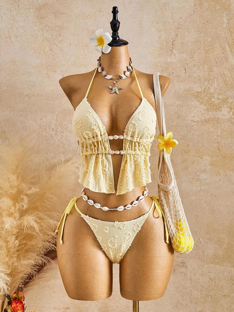 Shapewave 2026 Spring/Summer Beach Vacation Yellow Textured Fabric Halter Tankini Swimsuit Set - Yellow - View 1