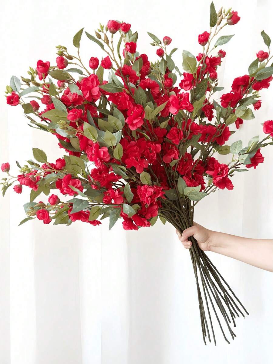 Faux Silk Camellia Flowers 8pcs, 90cm Long Stem Rose For Home Garden Office Decor, Housewarming Gift, All Season Table Arrangement - Red - View 1