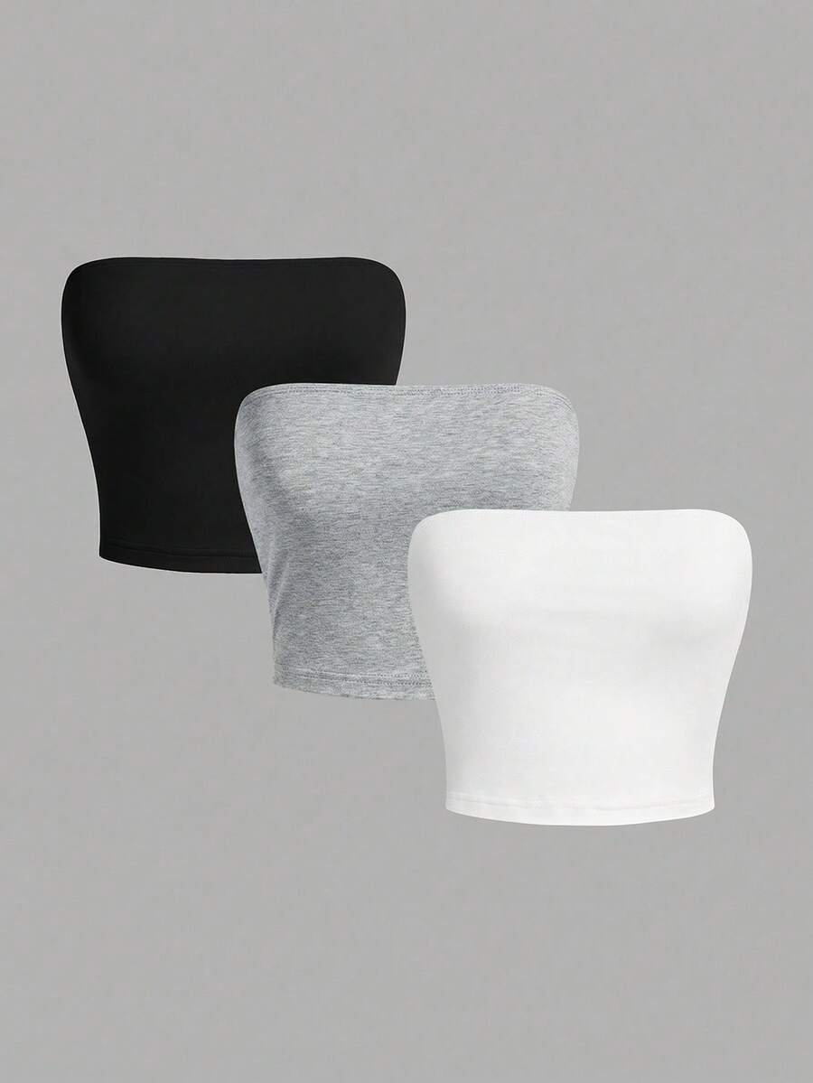 SHEIN Girlism 3pcs/Set Tween Girls' Casual Ruched Cropped Tube Top - Light Grey - View 1