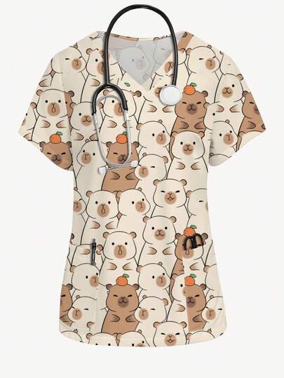 PopScrub Blusa de uniforme de enfermera con estampado de conejillo de indias de dibujos animados, blusa de pijama de cuello en V de manga corta, uniforme de atención médica para mujeres, ropa con tema animal
