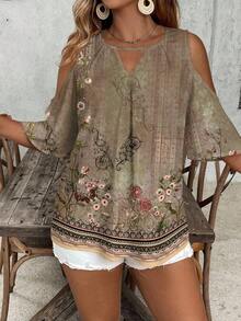 EMERY ROSE Blusa holgada con estampado floral retro minimalista casual para mujeres de talla grande - Multicolor - Ver 2